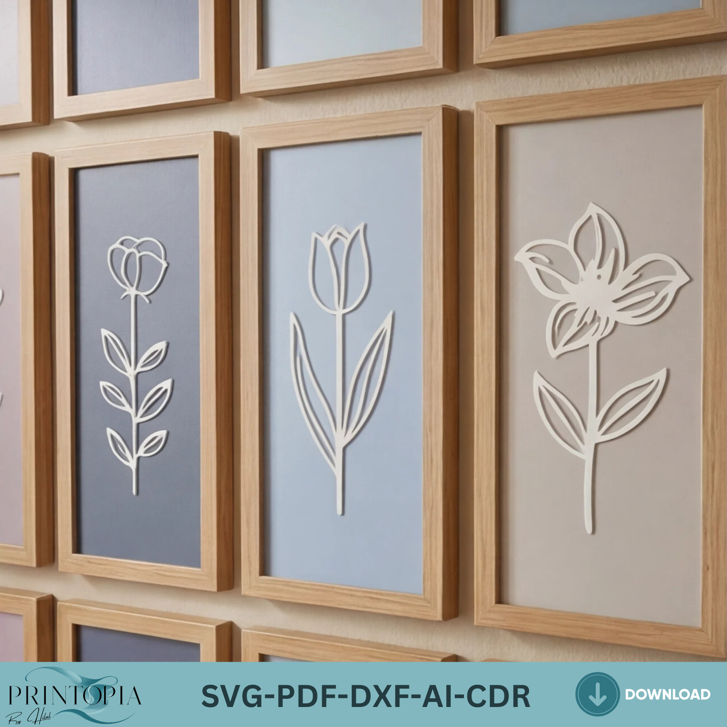 Floral Framed Wall Art Botanical Wood Sign Rose Tulip Leaf Plywood Gallery Wall Decor