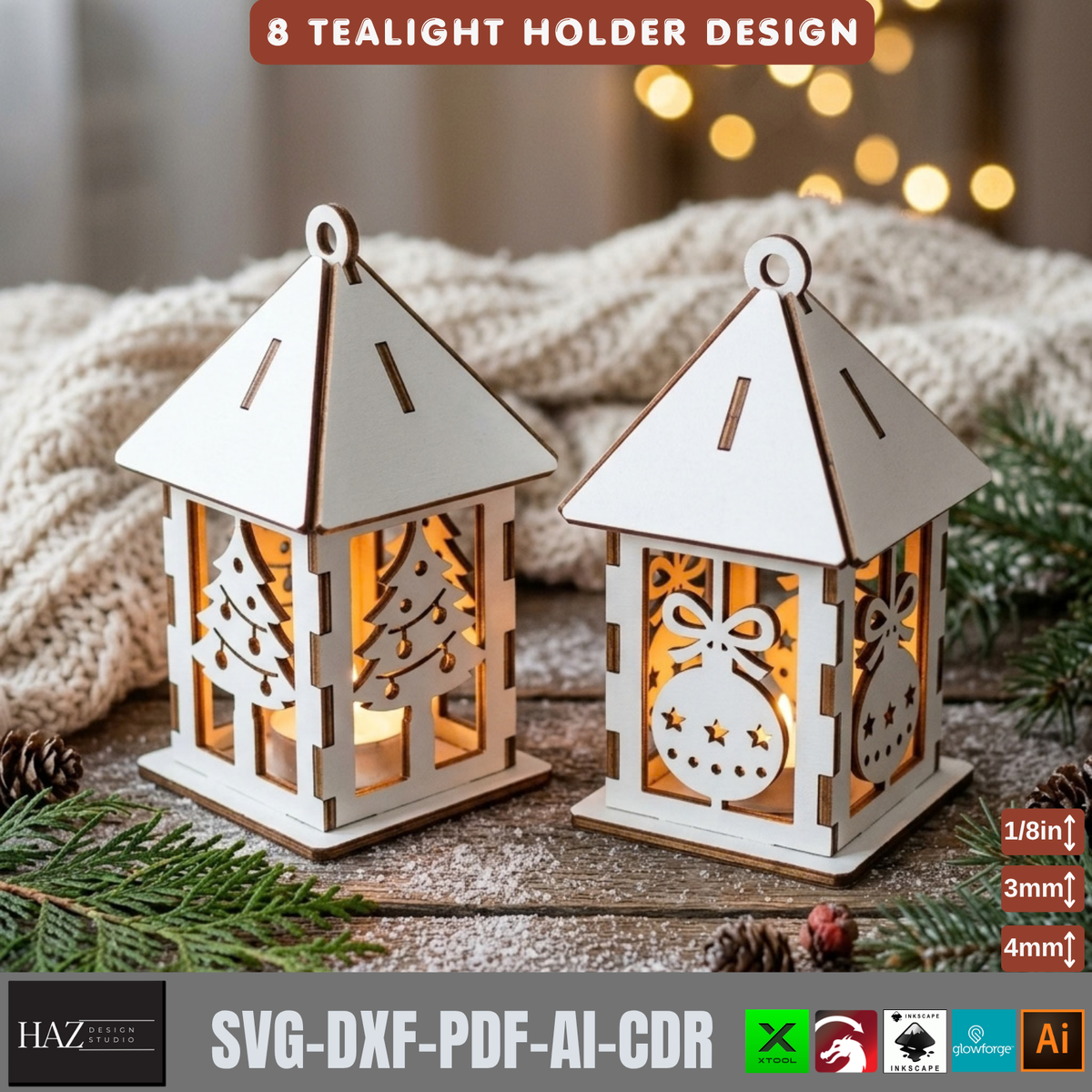 8 Christmas Tealight Lantern Laser Cut Pattern Wooden Candle Holder Template