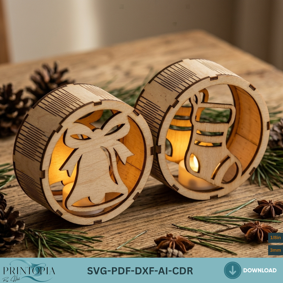 Laser Cut Christmas Night Light Bundle, Round Wooden Lanterns, DIY Holiday Candle Holder Designs 380
