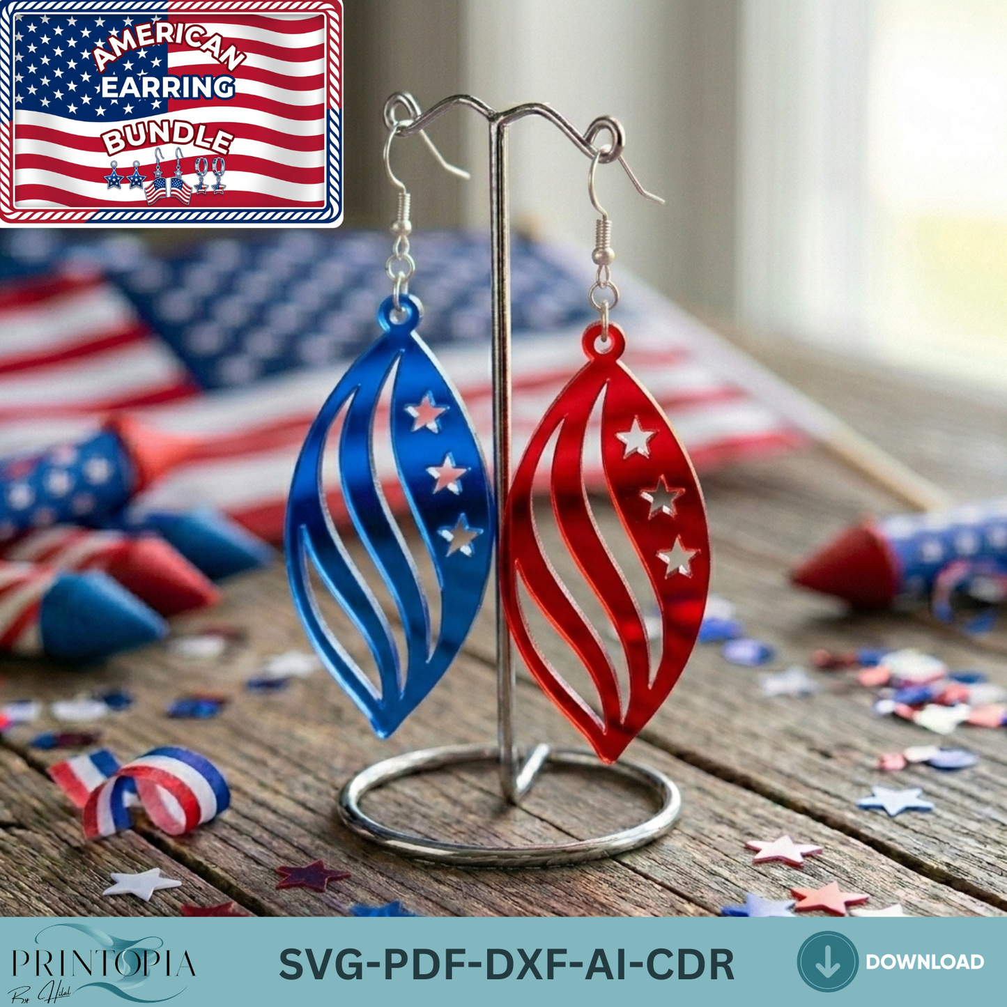 Patriotic Earring SVG Bundle, 4th of July Laser Cut File, USA Flag Acrylic Earrings DXF