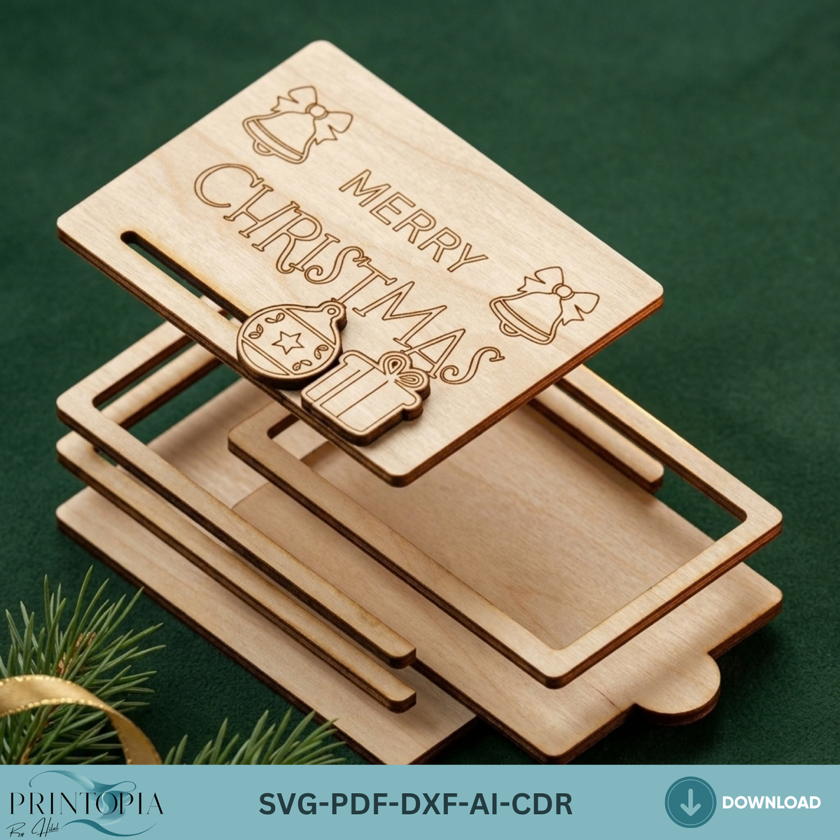 Sliding Drawer Gift Card Box Laser Cut Template – Festive Christmas Wood Design