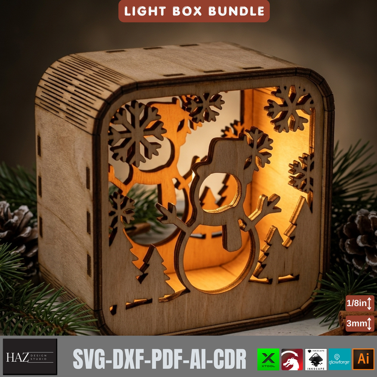 16 Rustic Christmas Shadow Box Night Light, Layered Snowman Cabin Lantern Plans, Holiday Mantel Decor 576