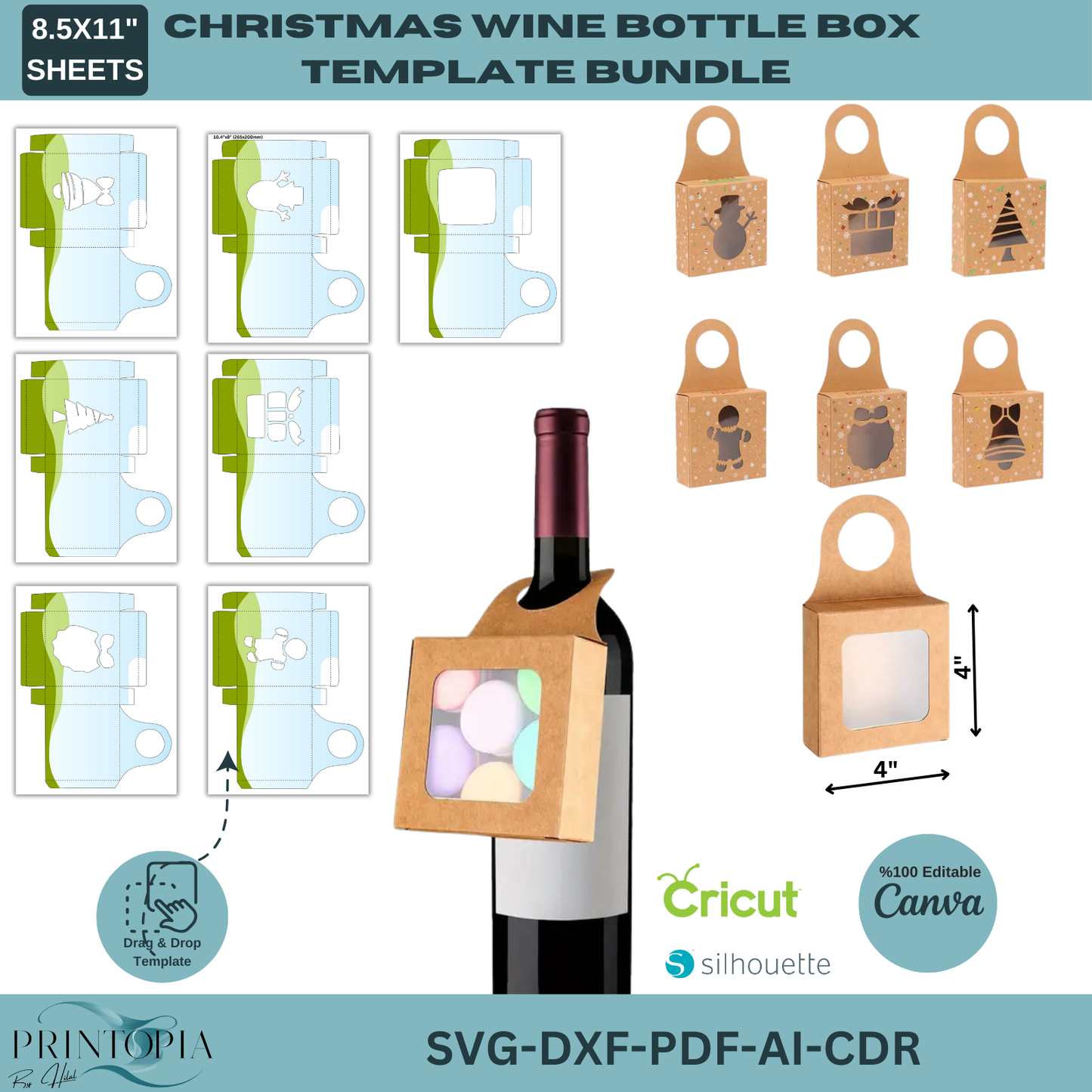 Christmas Wine Bottle Box SVG Bundle | DIY Gift Box Templates | Cricut & Silhouette Ready 154