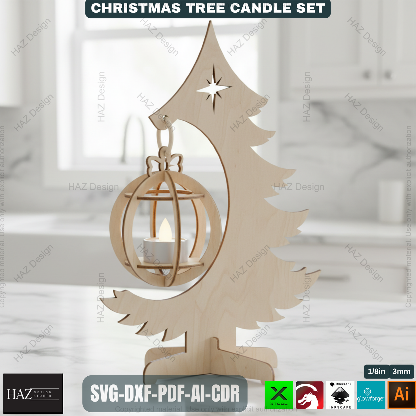 Title: Christmas Tree Tealight Holders Laser Cut Files Wooden Ornament Candle Stands Xmas Decor Templates Glowforge Xtool SVG 494