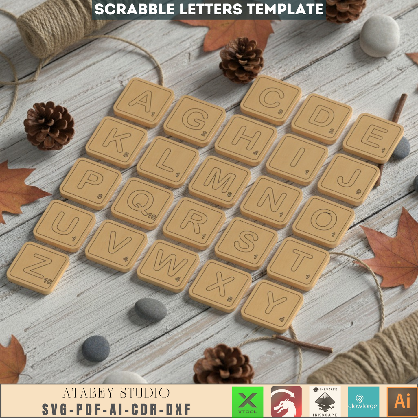 Laser Cut Scrabble Tiles SVG Bundle - Wooden Alphabet Letters Digital Files for Glowforge XTool