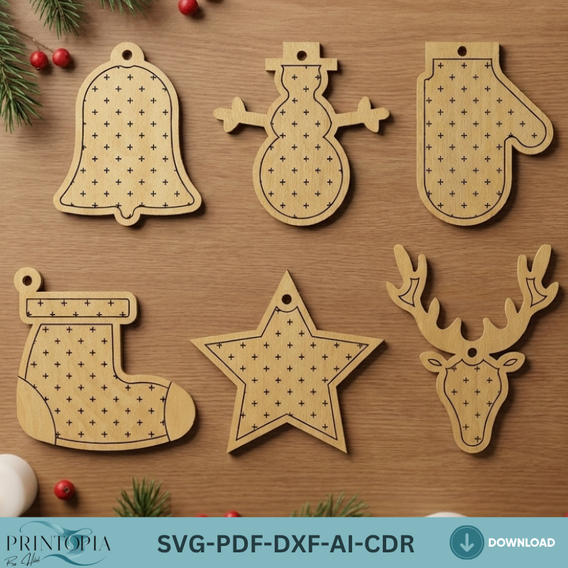 Christmas Ornament Set Holiday Tree Decor Wood Reindeer Snowman Gingerbread Svg 033