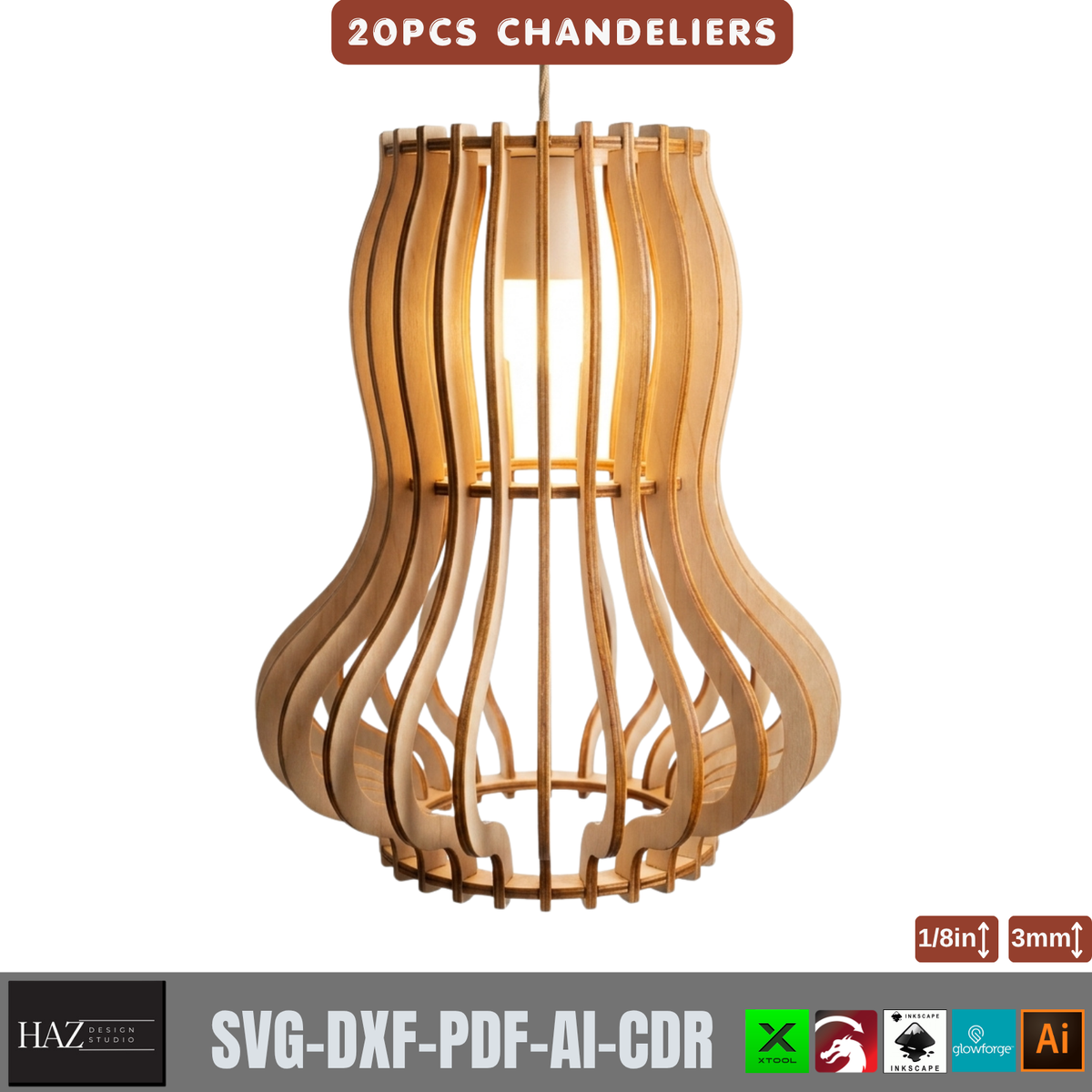 20 Piece Wooden Chandelier Pendant Lamp Laser Cut SVG Template Set Plywood 566