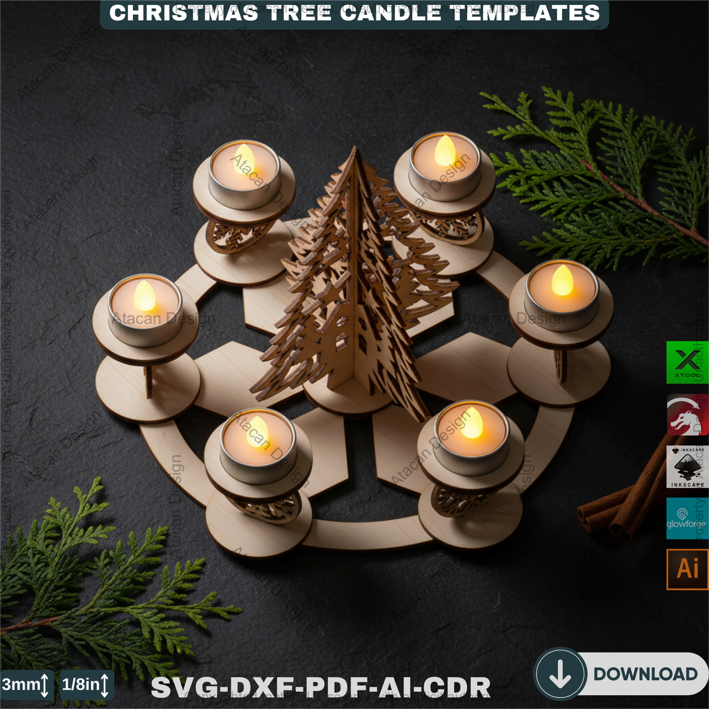 Festive Christmas Tree Tea Light Holder Laser Cut Digital Template, Holiday Advent Wreath Candle Stand, New Year Snowflake Tealight Decor 911