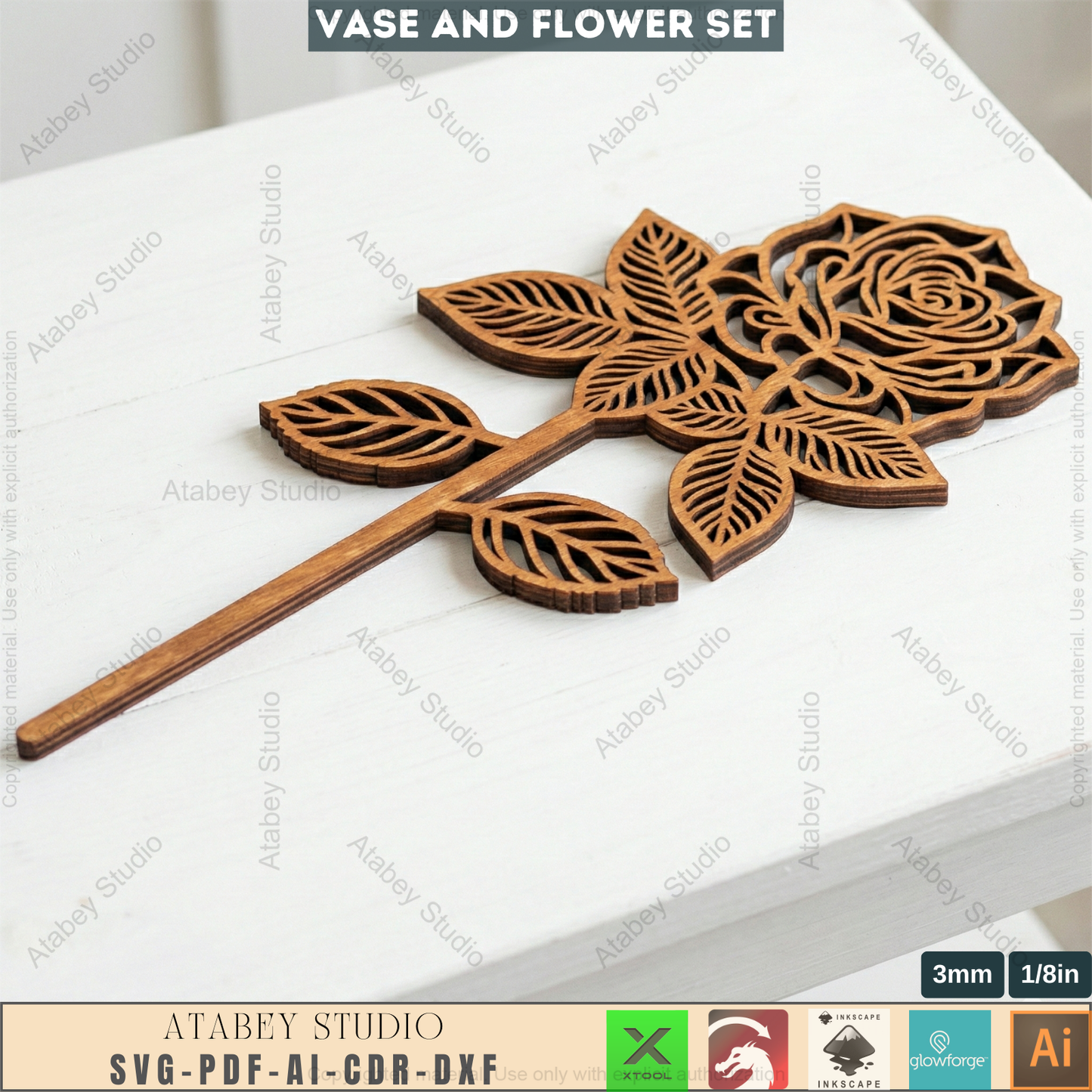 Laser Cut Wooden Vase with Flowers SVG Bundle - 5 Elegant Vases & 6 Wildflower Designs, 3D Layered Floral Table Decor 984