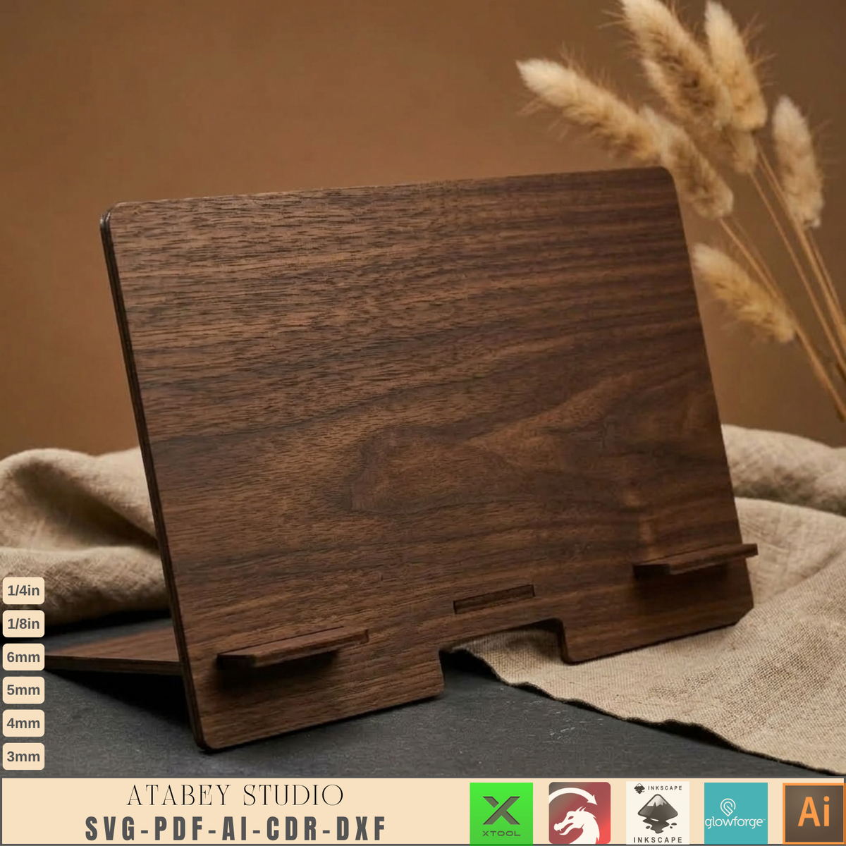 Laser Cut Tablet Stand Template, Plywood iPad Holder, Minimalist Wood Desk Display, Cookbook Stand 1031