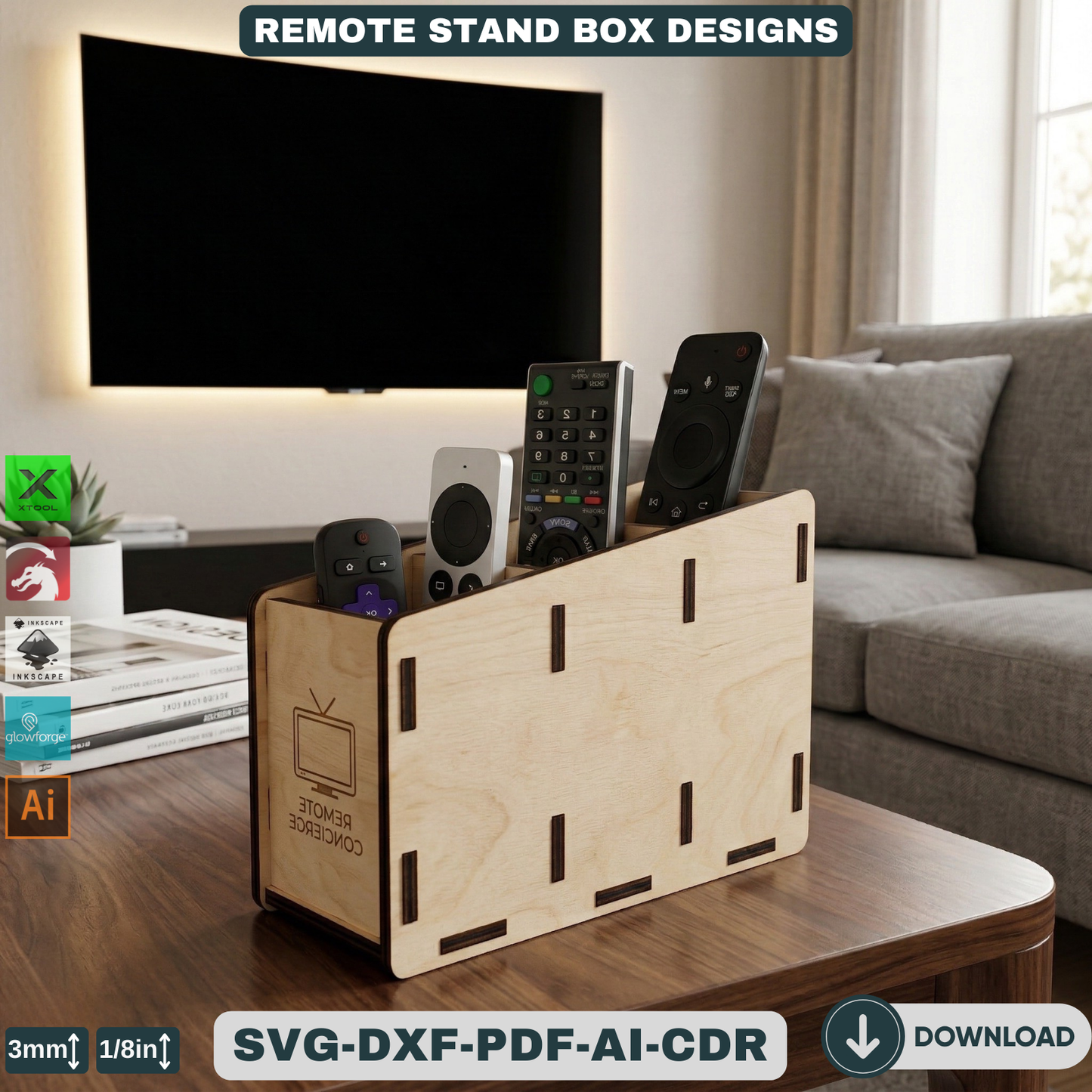 Remote Control Holder Pattern | Wooden TV Accessory Organizer Template | Living Room Storage Box 939