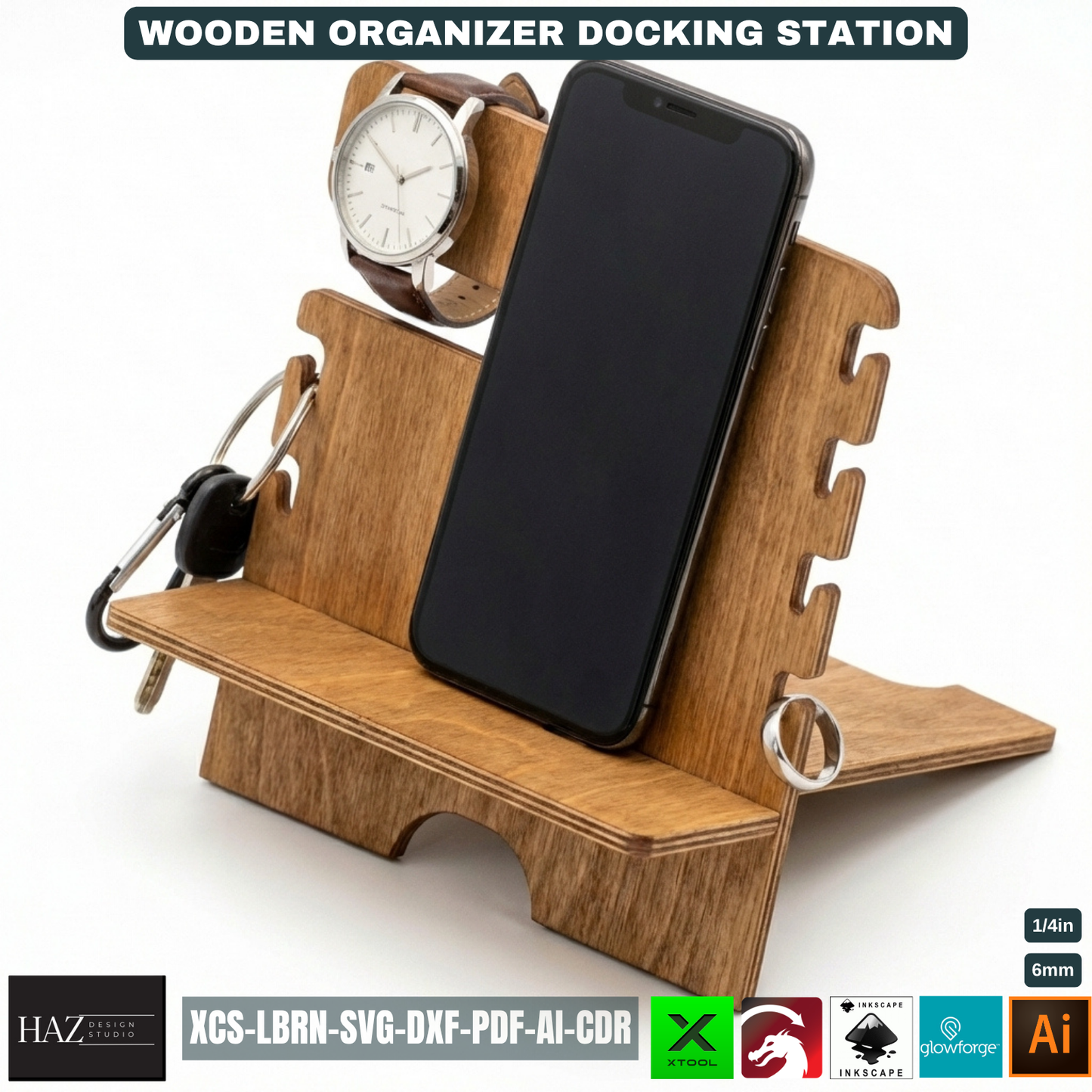 Wooden Docking Station Desk Organizer Phone Stand Men's Gift Bedside Organizer Wood Catchall Tray 530