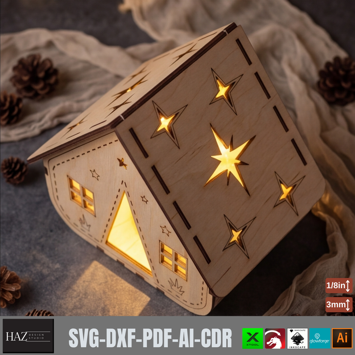 Wooden House Night Light Laser Cut Template, Tealight Candle Holder Plywood Decor 988
