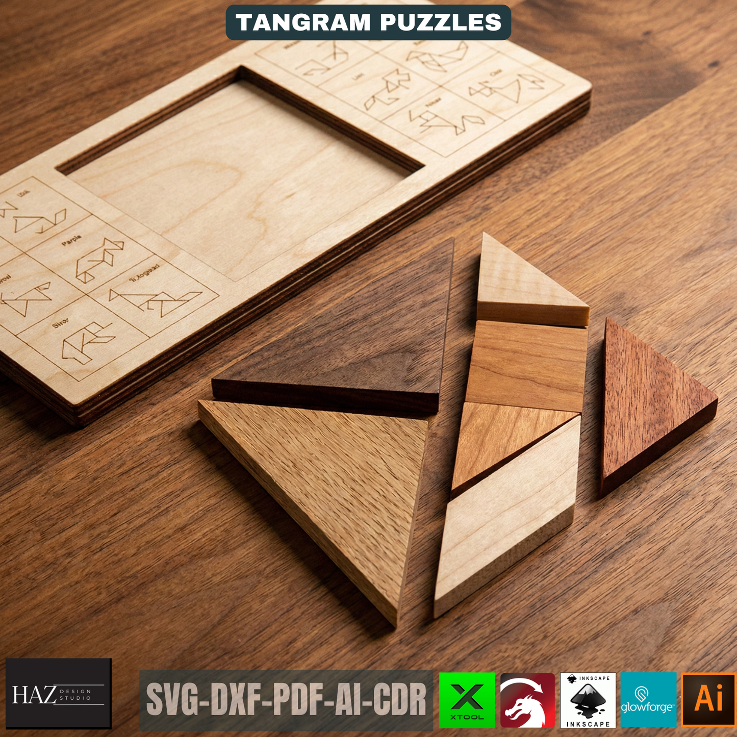 Tangram Wooden Puzzle Laser Cut Pattern Animal Shapes Intelligence Game Montessori Educational Toy for Kids DIY 516