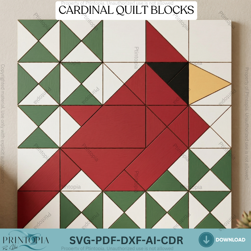 Geometric Cardinal Bird Barn Quilt Block Pattern, Rustic Wooden Wall Art Laser Cut Template 337