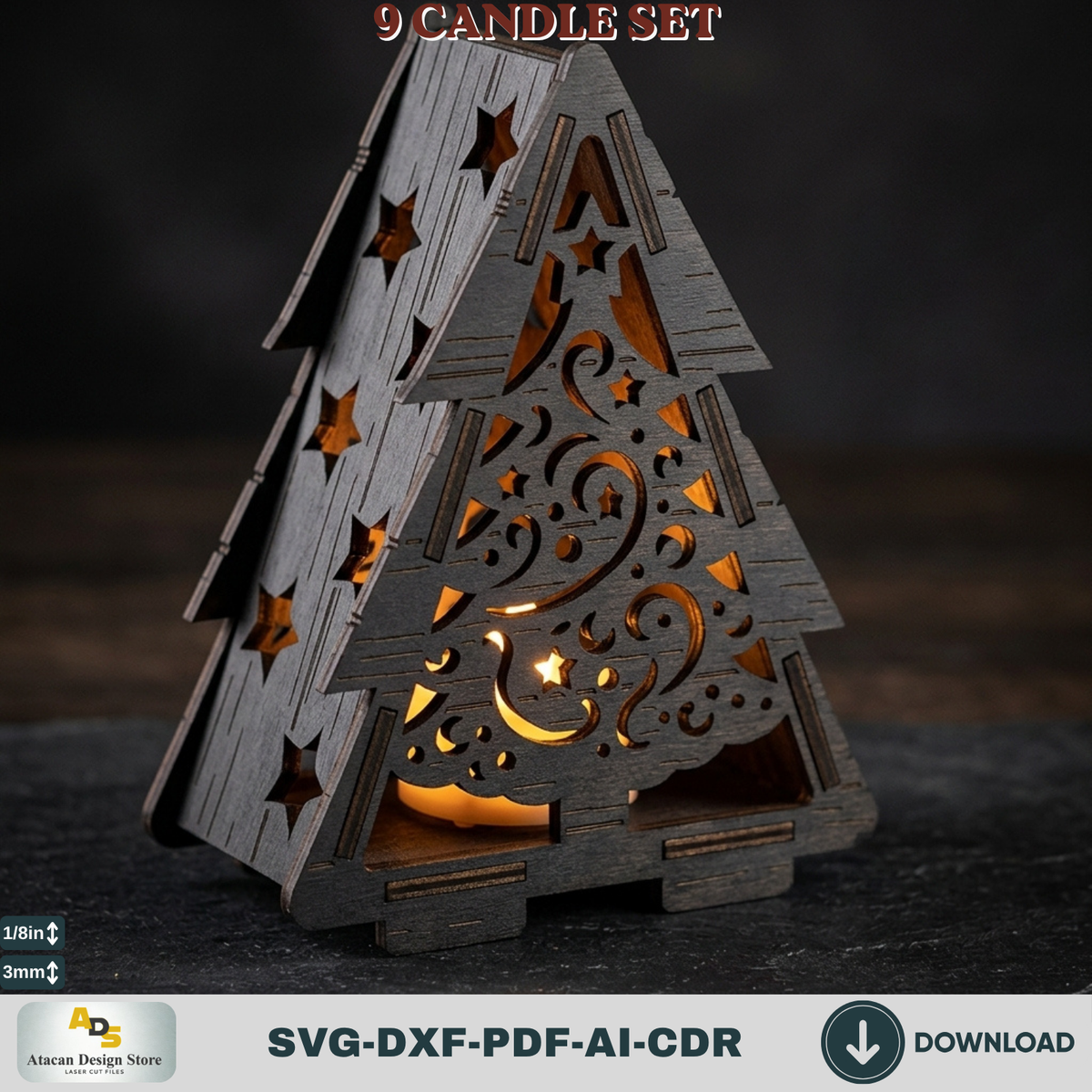 Laser Cut Christmas Lantern Bundle, Tealight Holder Template Set of 9, Snowflake Reindeer Gnome