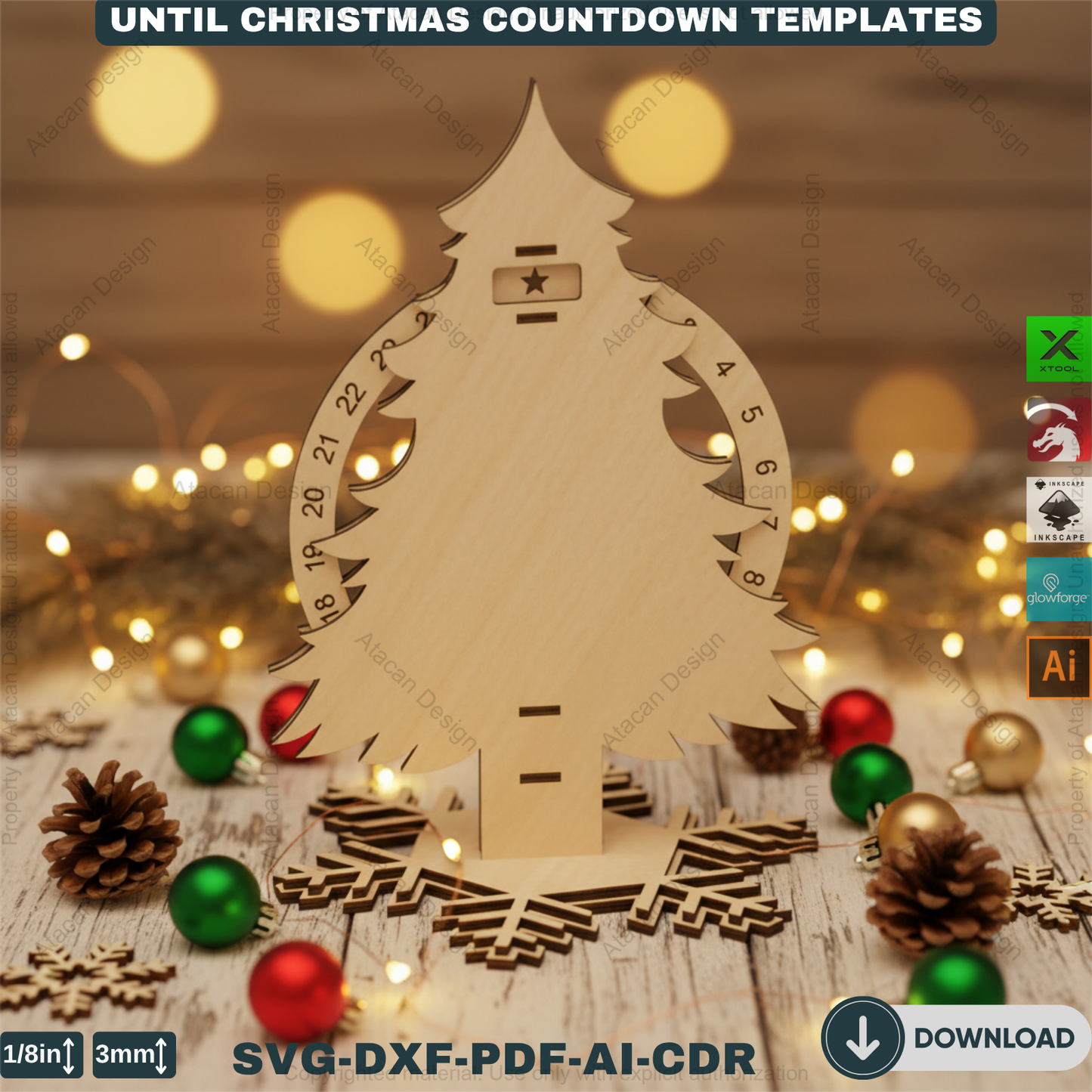 Christmas Tree Advent Calendar Laser Cut Template Bundle Wooden Countdown Stand Glowforge Xtool Files 915