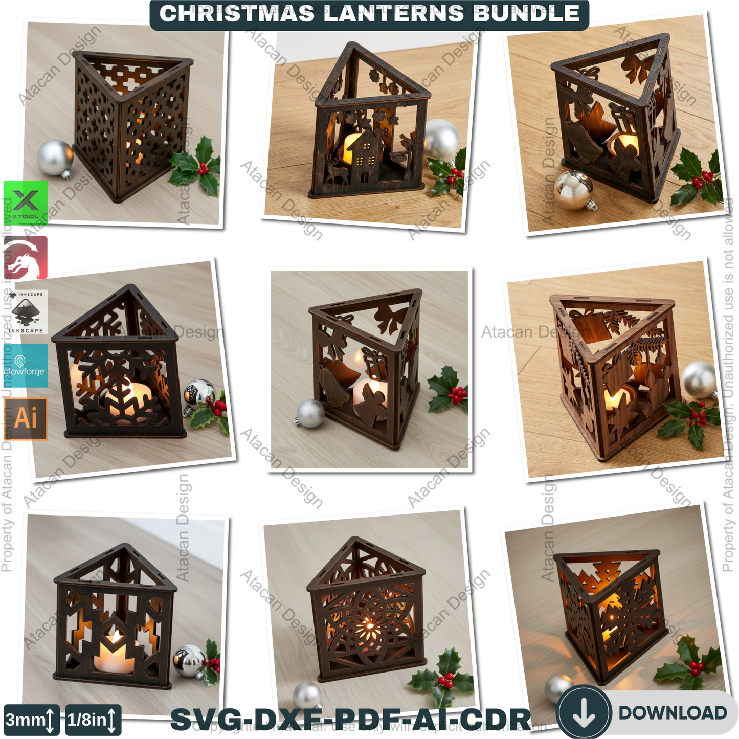 Christmas Lanterns Bundle Laser Cut Templates | Holiday Candle Box Decor | Tealight Holder Designs 930