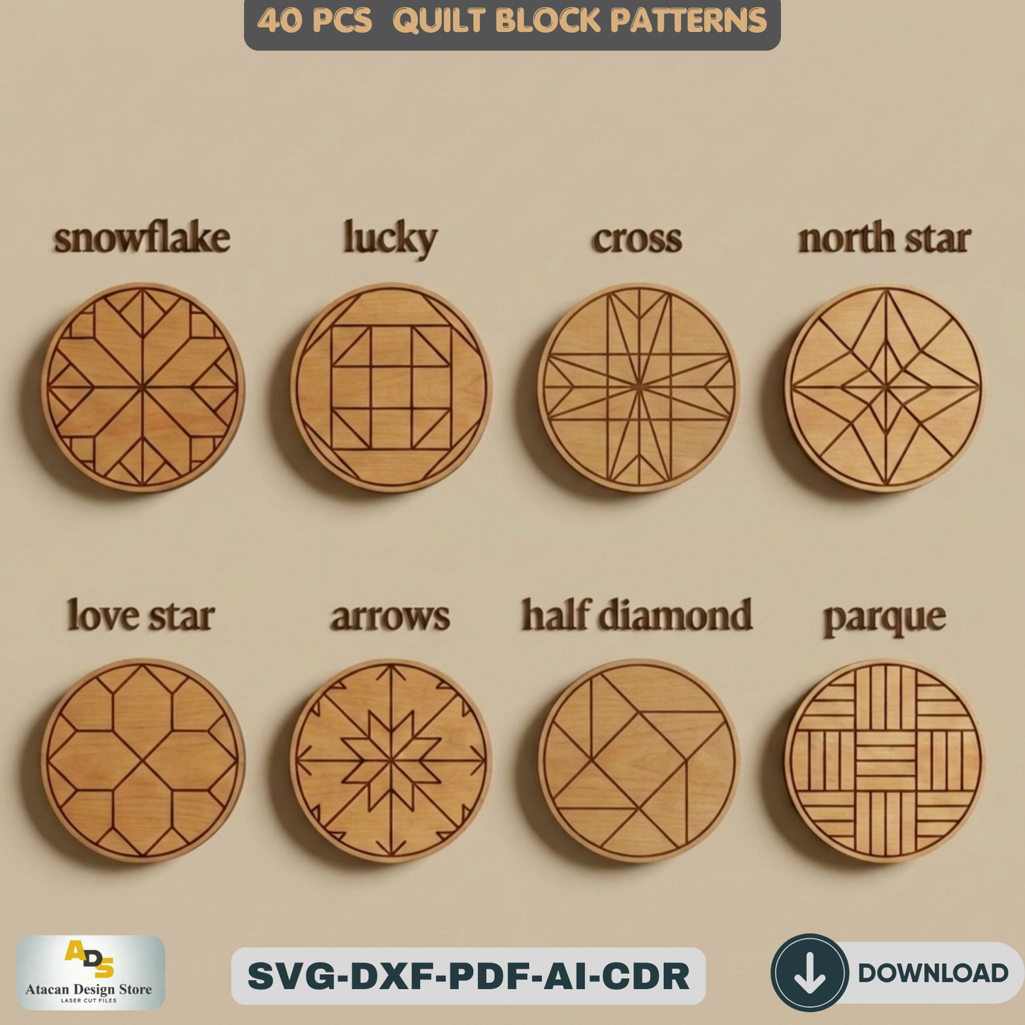 40 Round Quilt Block Patterns for Laser Cutting Geometric Wood Wall Art Designs 548