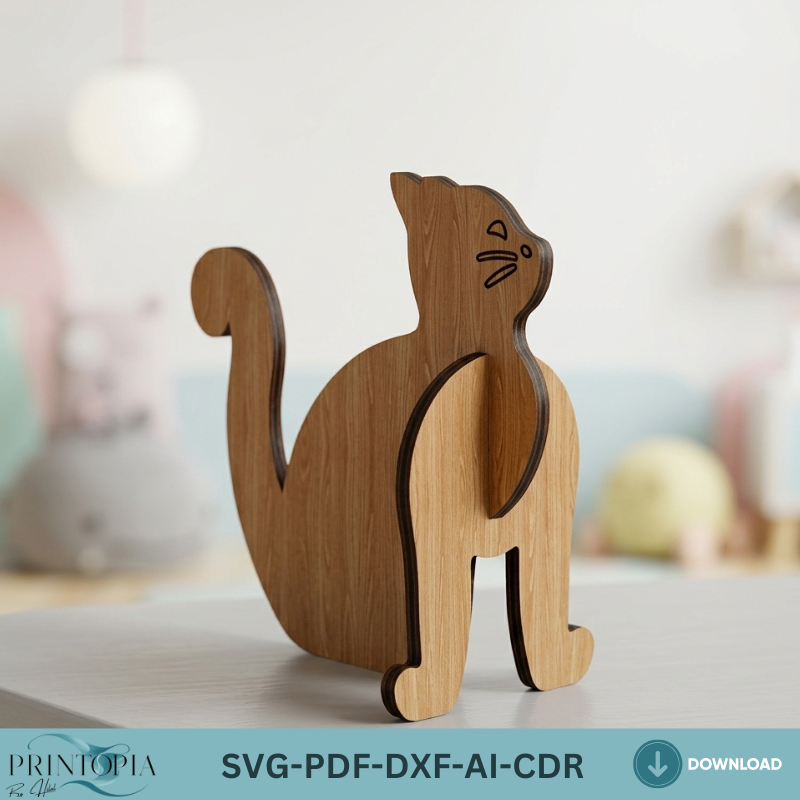 Standing Wood Cat Laser Cut Files Plywood Animal Silhouette Decor Template