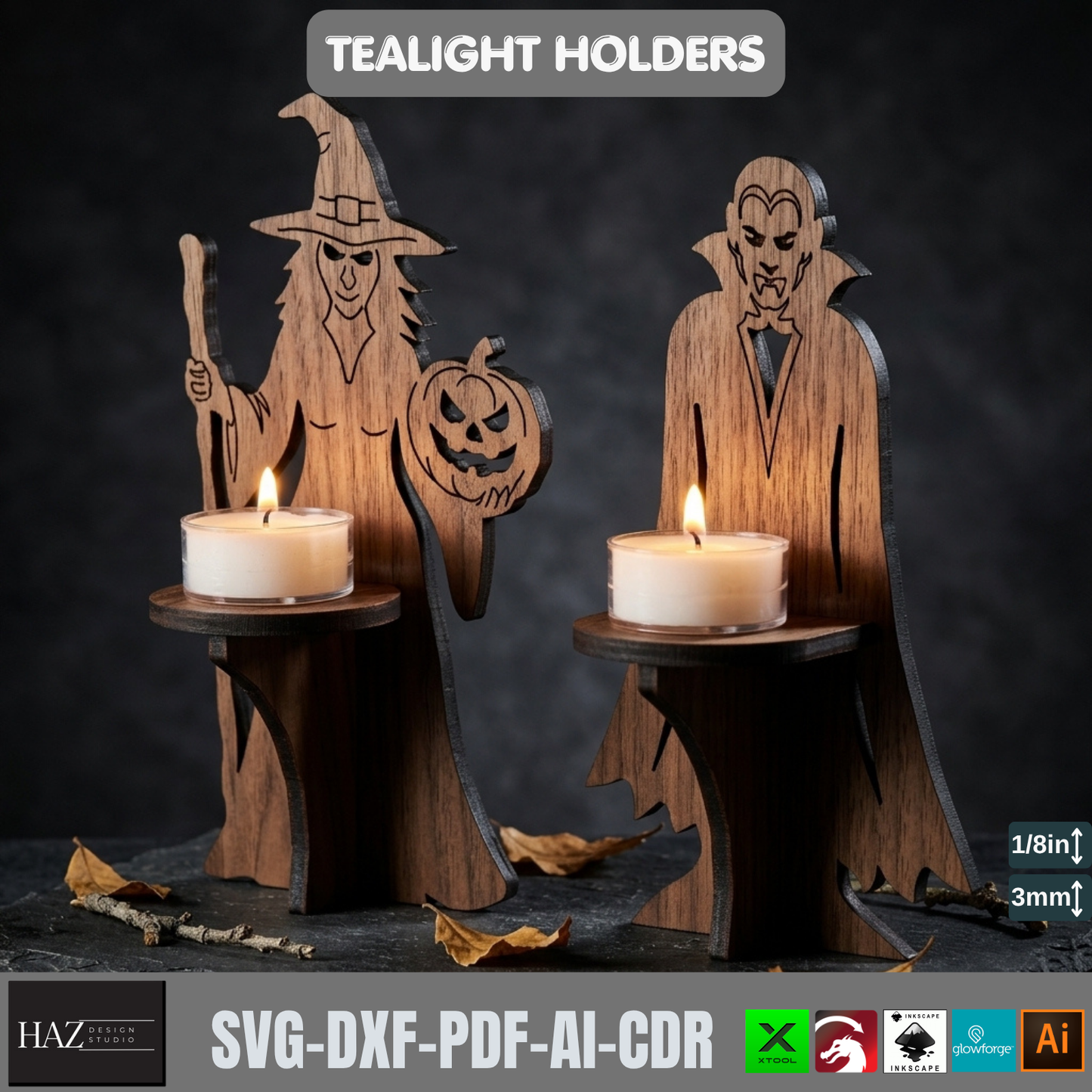 Halloween Tealight Holder Laser Cut Files Vampire Witch Candle Stand SVG 565