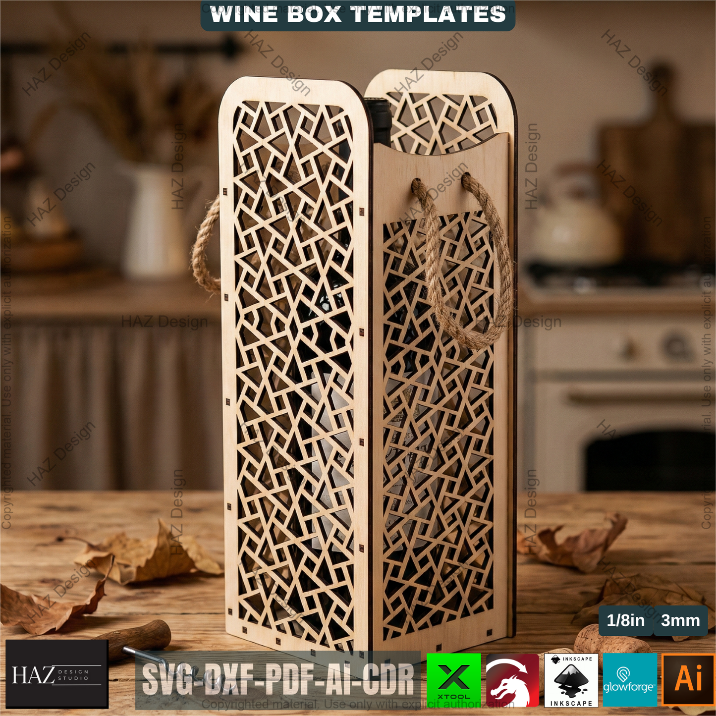 Laser Cut Wooden Wine Bottle Gift Box Bundle for DIY, Elegant Wine Carrier Templates for Laser Cutting Projects 512