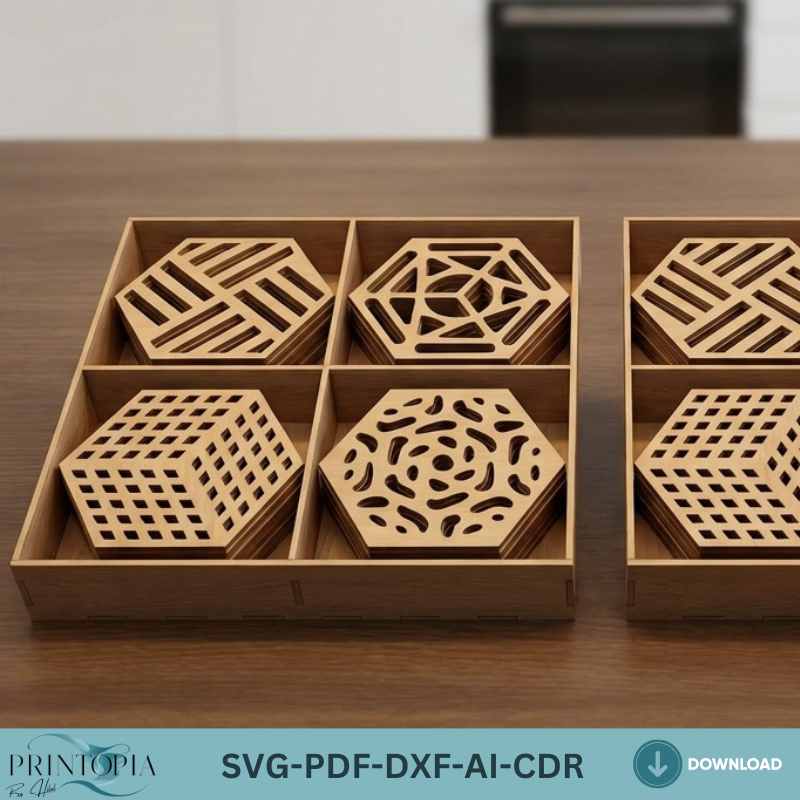 Geometric Laser Cut Coasters with Box Holder Set Modern Drink Coaster Bundle 030