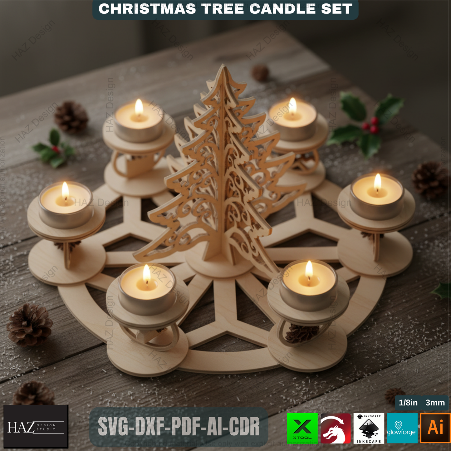 3D Christmas Tree Candle Holder Template, Festive Laser Cut Tea Light Stand, Holiday Advent Wreath Decor 495