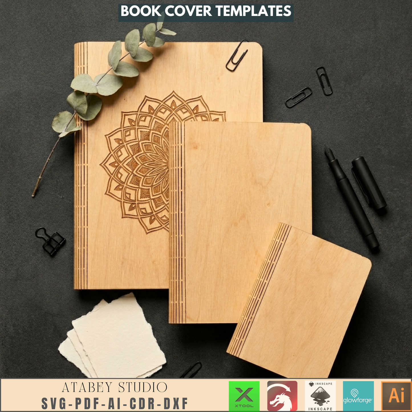 Wooden Book Cover Template Living Hinge Laser Cut Notebook Design A4 A5 A6 Plywood Journal Cover