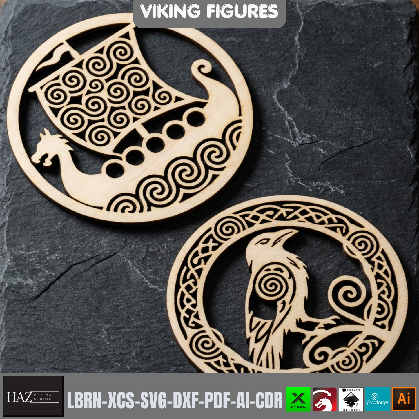 Viking Figures Laser Cut Round Coaster Wood Cutting Template SVG Files