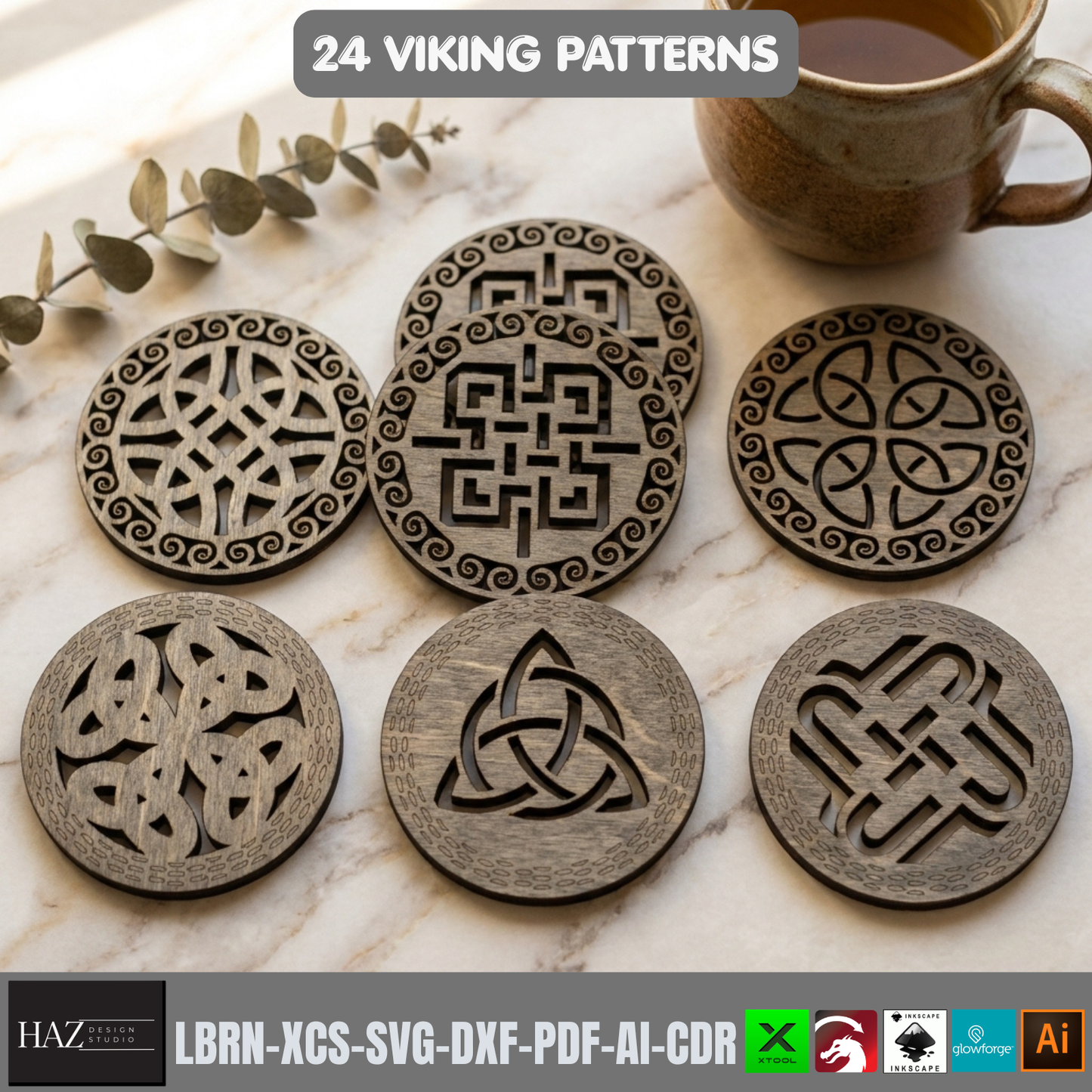 24 Viking Celtic Knot Coaster Laser Cut Patterns Bundle Norse Mythology Wood