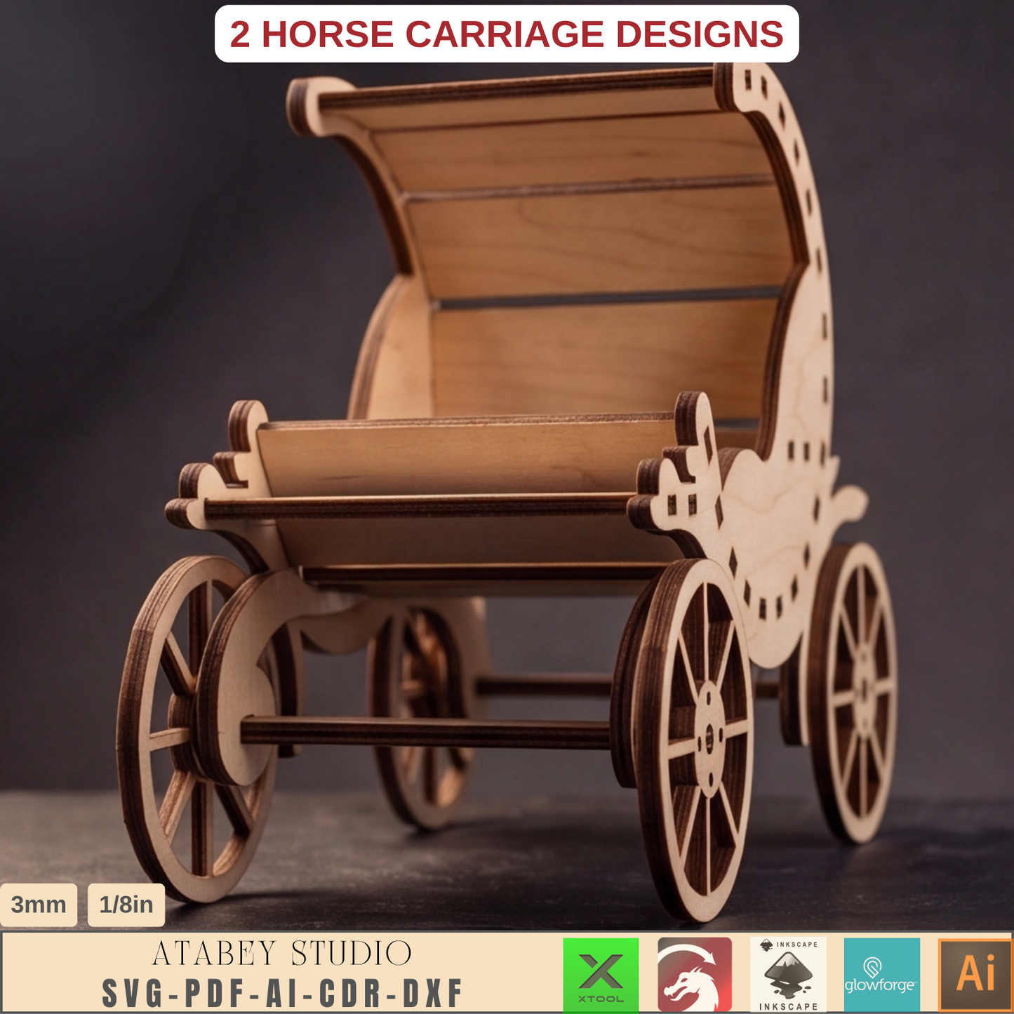 Wooden Horse Carriage Laser Cut Template, 2 Designs, SVG DXF AI PDF CDR Files