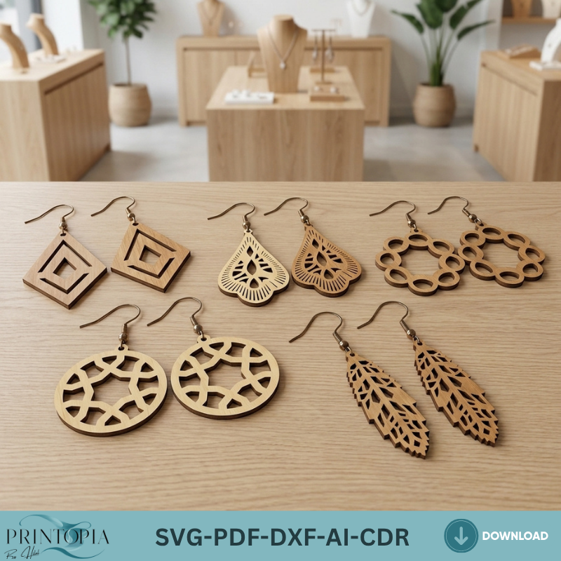 Laser Cut Earring Templates Set Wooden Jewelry Designs Dangle Teardrop Leaf Geometric Earrings