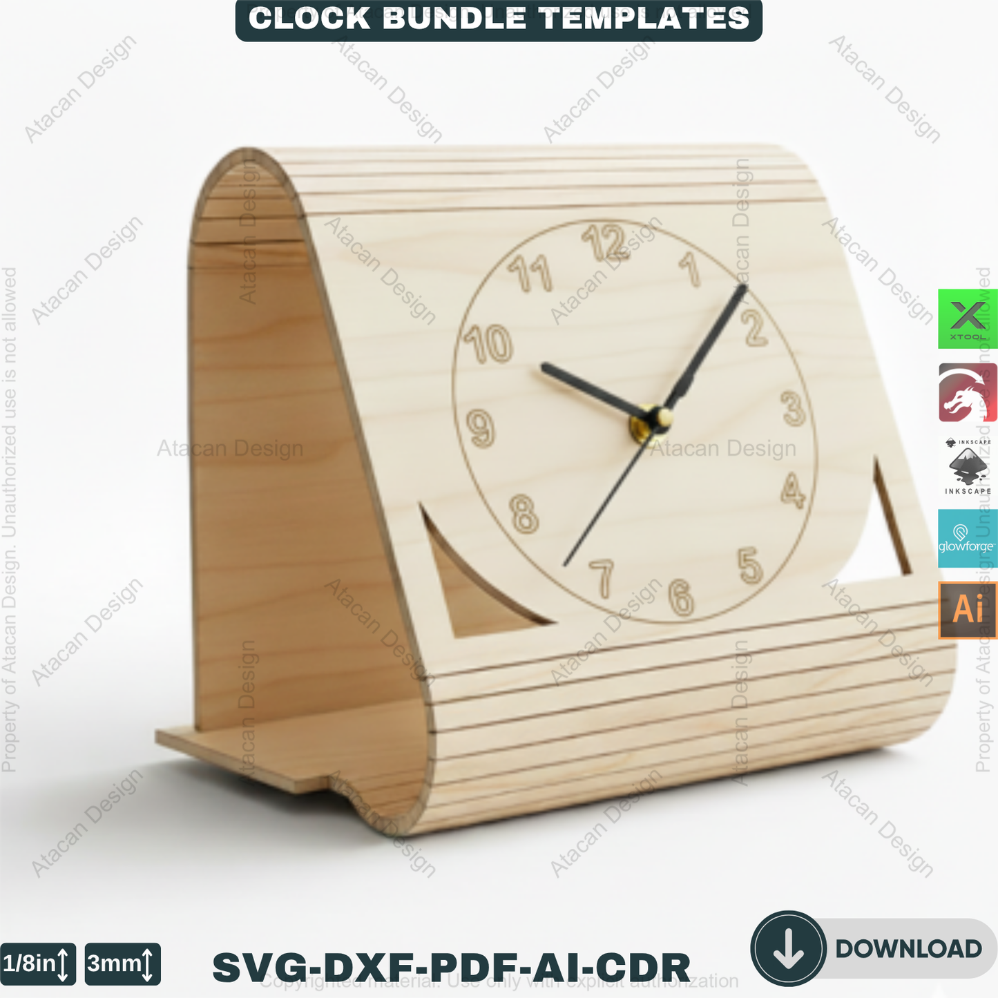 Laser Cut Clocks, Modern Desk Clock Templates, DIY Wooden Table Clock Plans, CNC File for Glowforge, Xtool & Lightburn 914