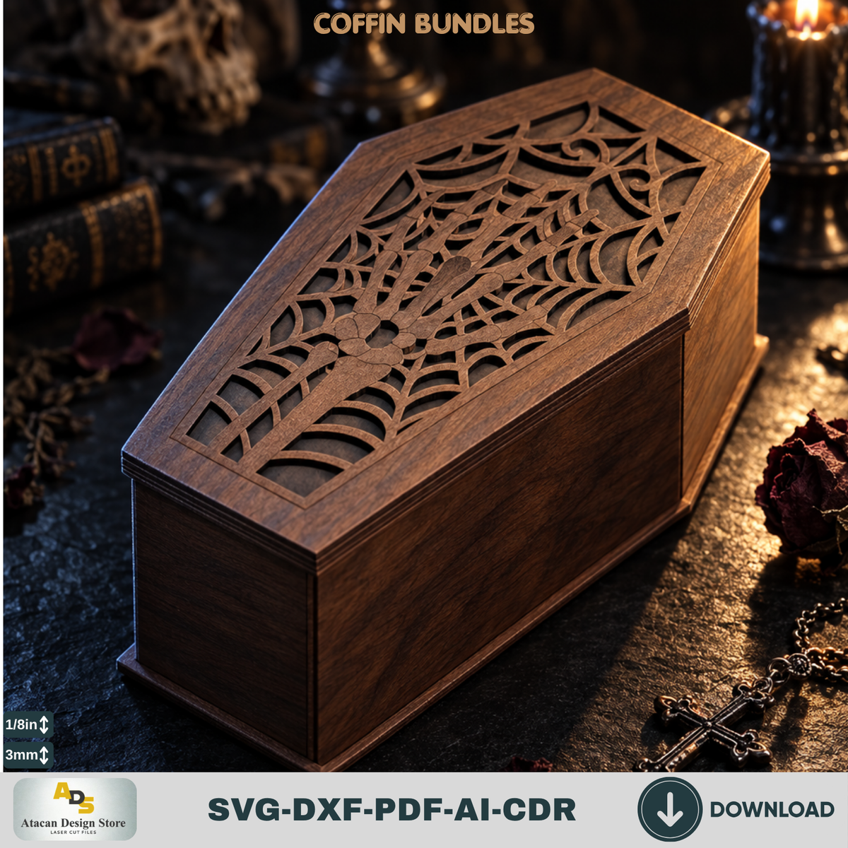Gothic Coffin Box Laser Cut Bundle, Halloween Wooden Keepsake Casket Template, Spooky Trick or Treat 979