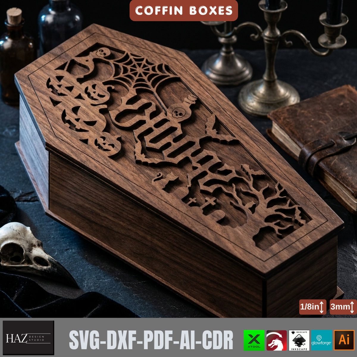 Halloween Coffin Box Laser Cut Template, Gothic Wood Keepsake Casket Pattern, Trick or Treat Candy Holder, Spooky Plywood Decor