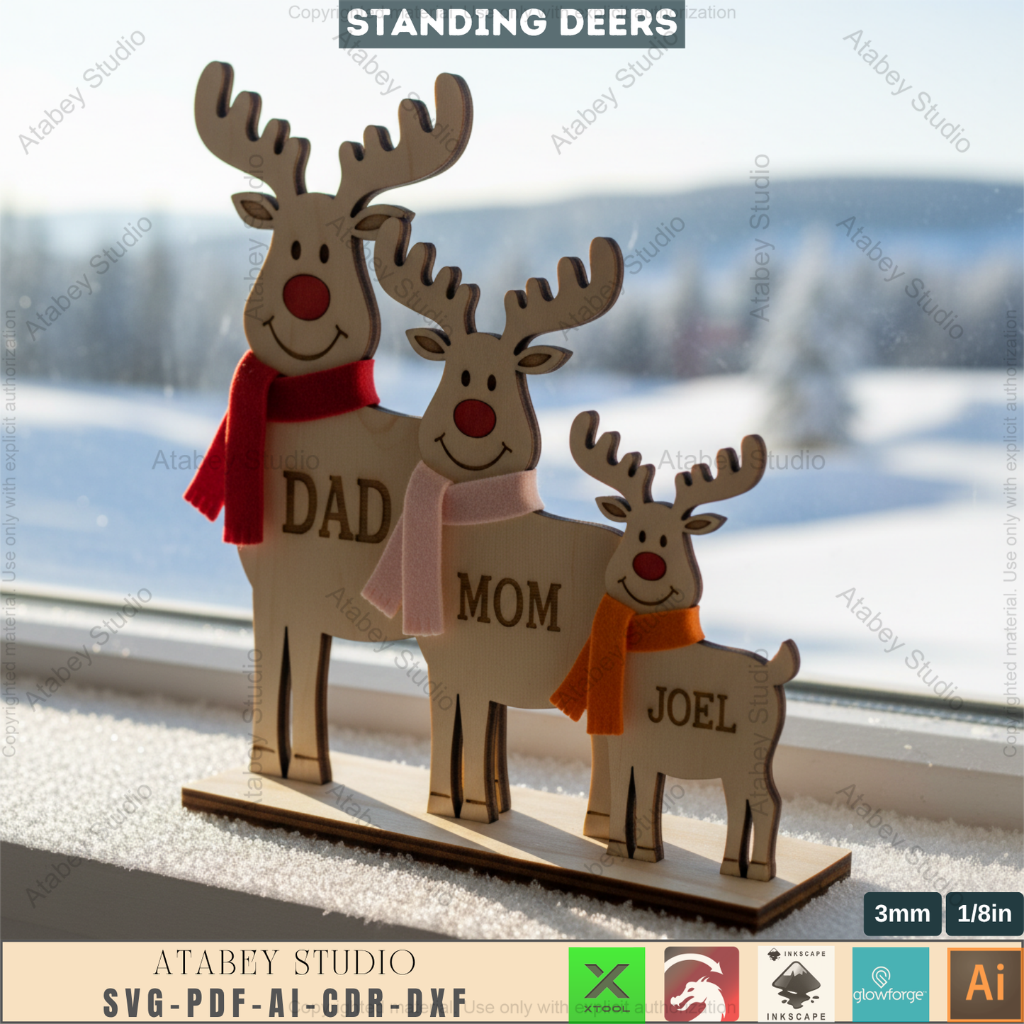 Personalized Reindeer Family Laser Cut Design, Freestanding Christmas Deer Decor, Custom Name Tabletop Sign 970