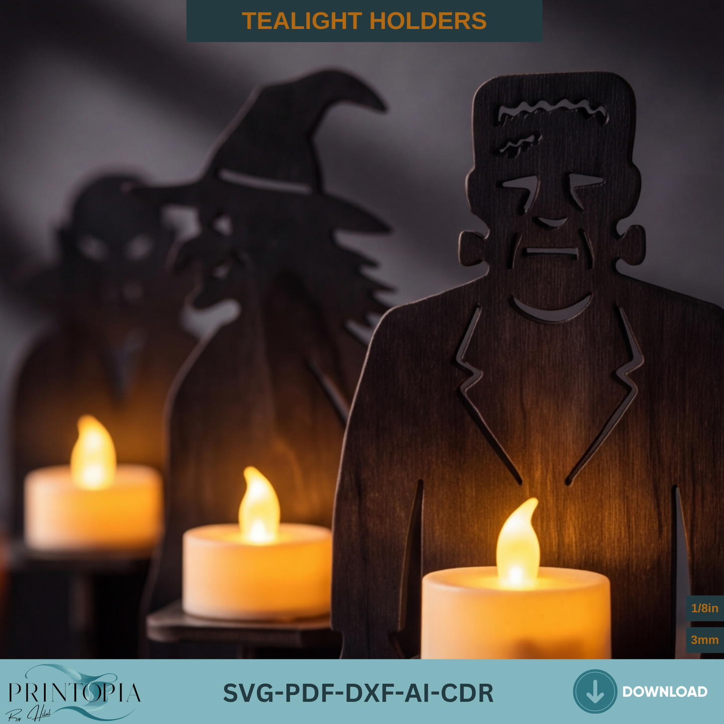 Halloween Monster Tealight Holder Laser Cut File SVG Vampire Witch Frankenstein