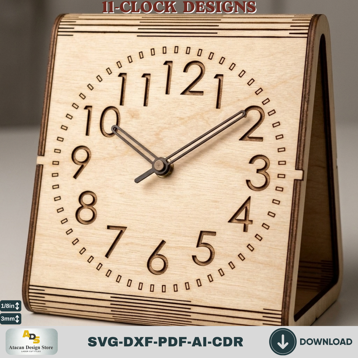 Laser Cut Plywood Desk Clock Pattern, Bent Wood Mantel Clock Template, Glowforge xTool Ready 987