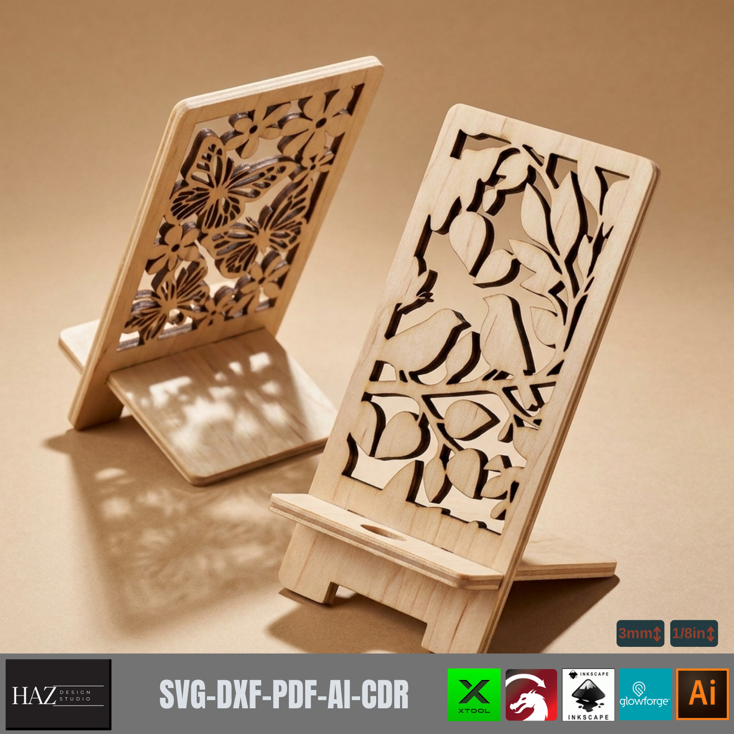 Laser Cut Floral Wooden Phone Stand Template Digital Pattern Mobile Holder Desk Accessory
