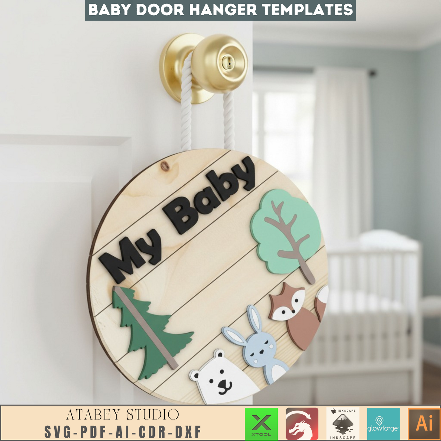 Baby Nursery Door Hanger SVG Bundle, Laser Cut Files for Newborn Gifts, Woodland Animals & Moon Themes, Digital Download