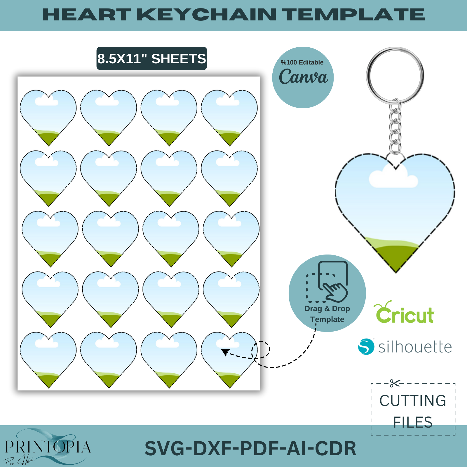 Heart Keychain Template svg DXF PDF ai CDR for Cricut Silhouette, Edit ...
