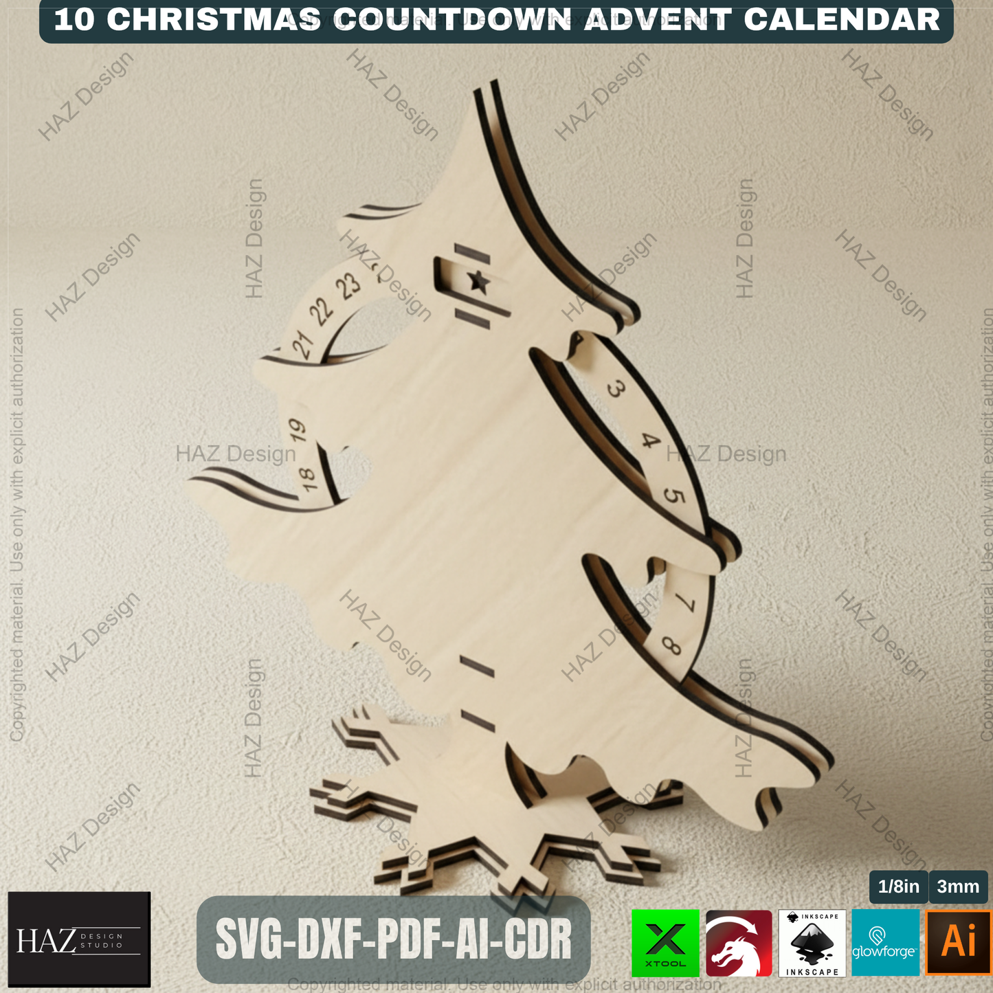 Festive Countdown Advent Calendar Laser Cut Files, Wooden Christmas Decor Template for Glowforge & Xtool, Holiday Craft Project 498