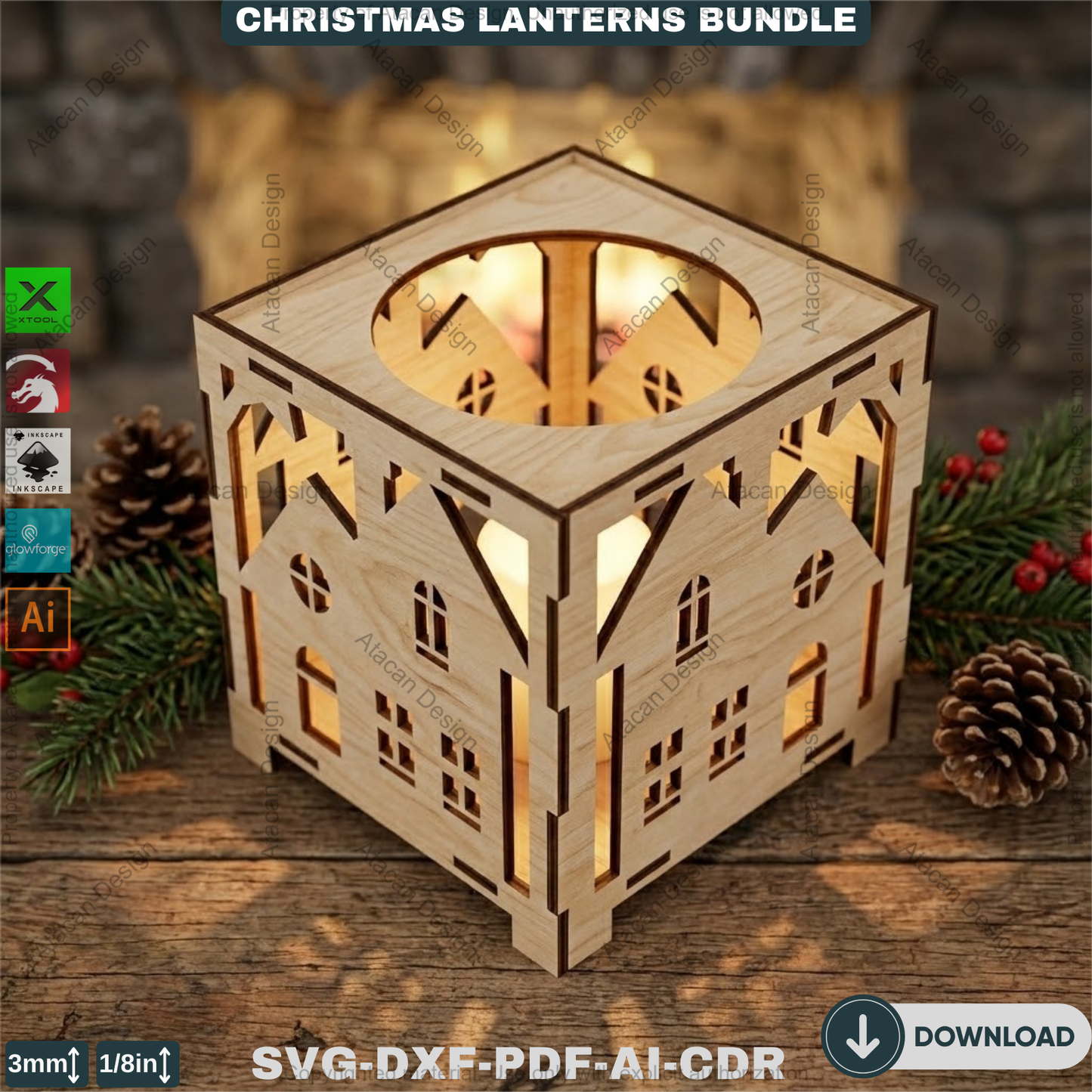 Christmas Lantern Laser Cut Bundle, Wooden Tealight Holder, Xmas Candle Box, Winter Decor, Reindeer Snowman Template 927