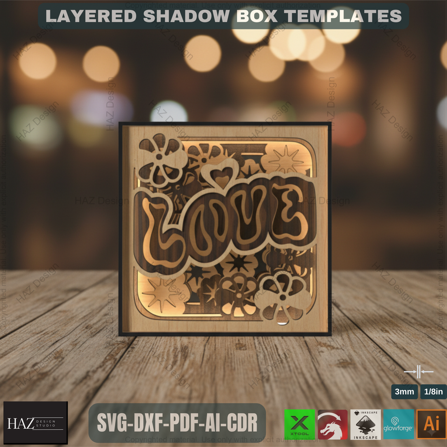 Wooden Night Lamp - Multilayer Shadowbox Laser Cut Lampshade, Table Lamp, Digital Downloads ADS371
