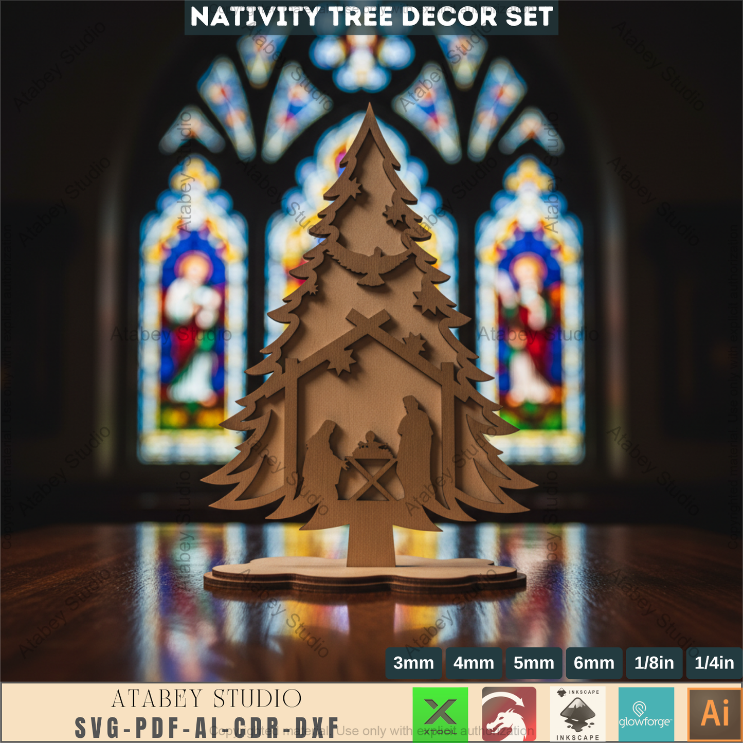 Laser Cut Nativity Tree Decor Set, 3D Standing Faith Christmas Ornaments, Wooden Tabletop Cross Tree SVG 966