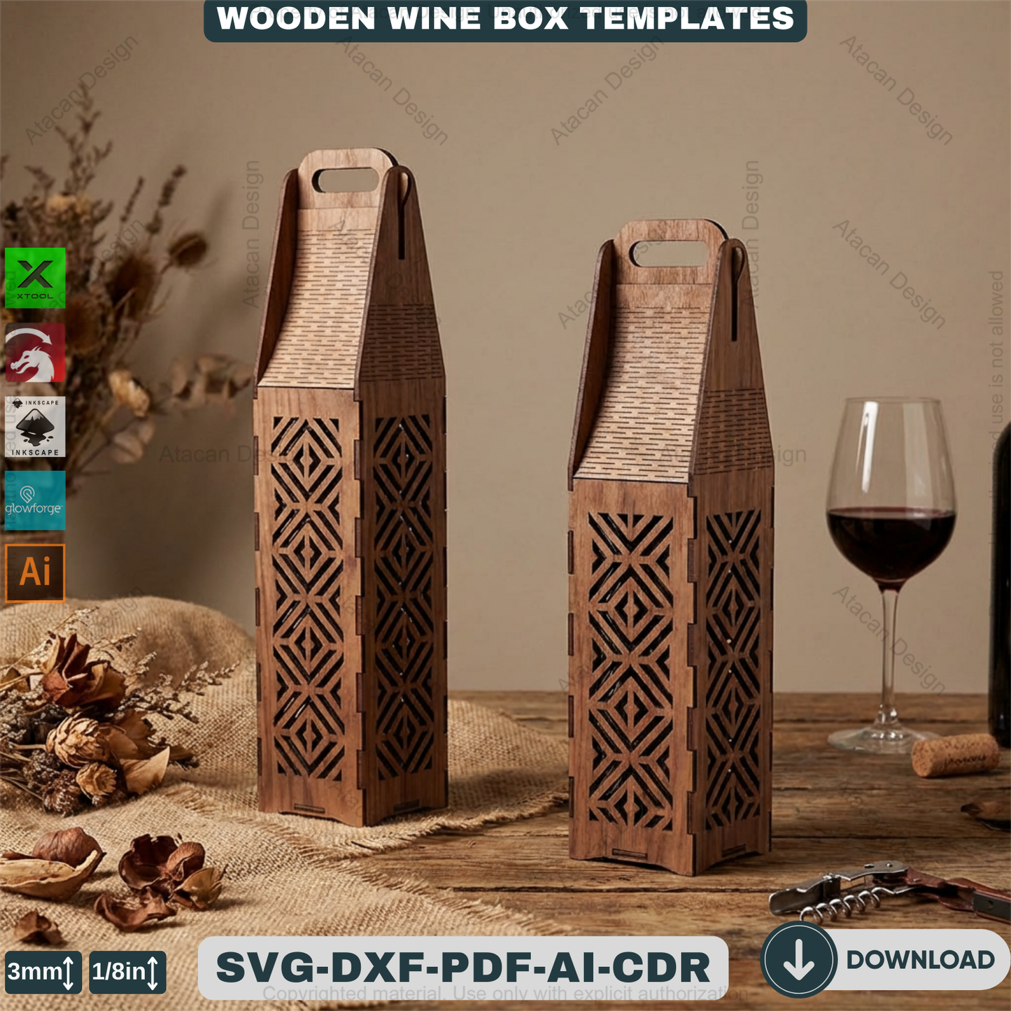Laser Cut Wine Bottle Gift Box Bundle Wooden Wine Carrier Holder Pattern for Glowforge CNC Engraved Wine Box Plan 934
