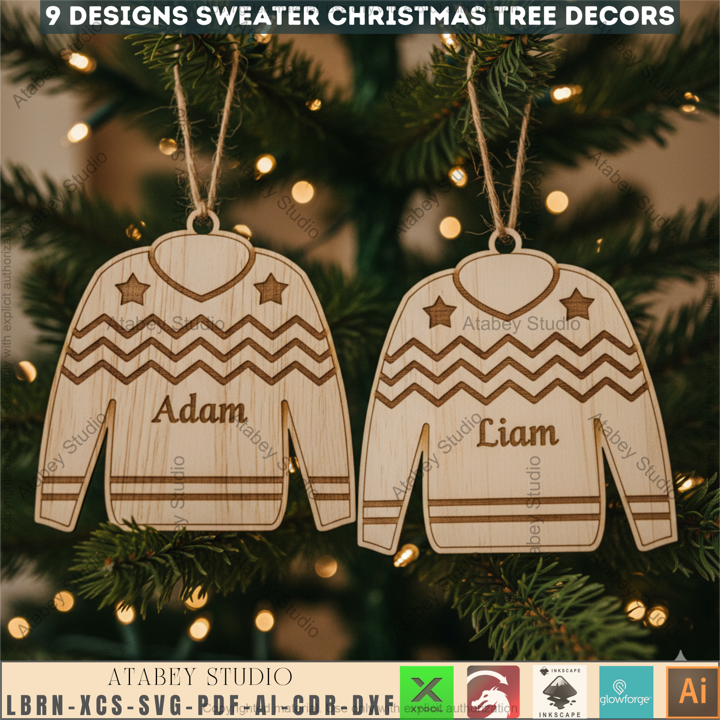 Personalized Ugly Sweater Christmas Ornament Bundle | Family Name Laser Cut Templates | DIY Xmas Decor 971