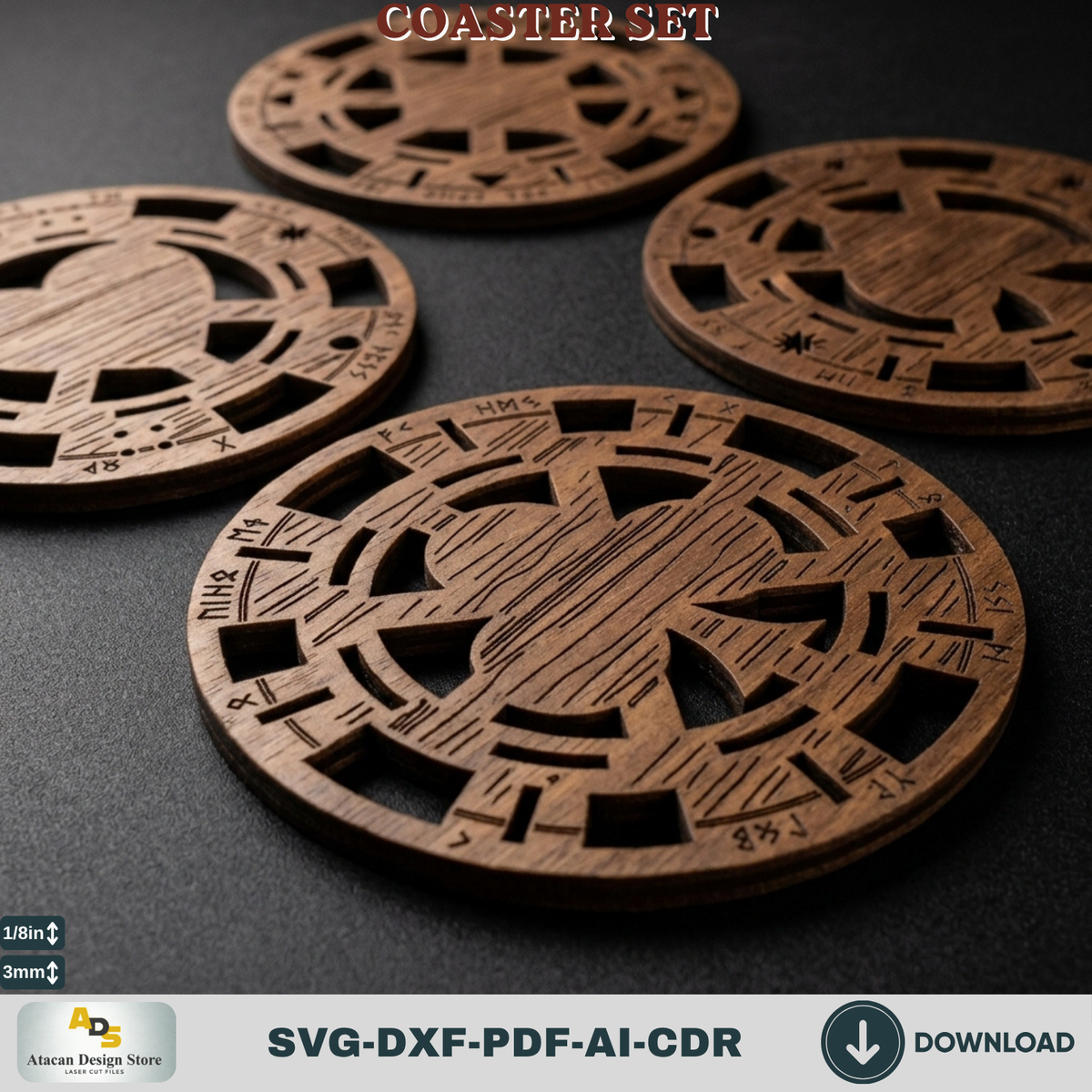 Norse Rune Coaster Template with Stand, Celtic Card Suit Drink Coasters, Laser Cut Bar Gift Bundle