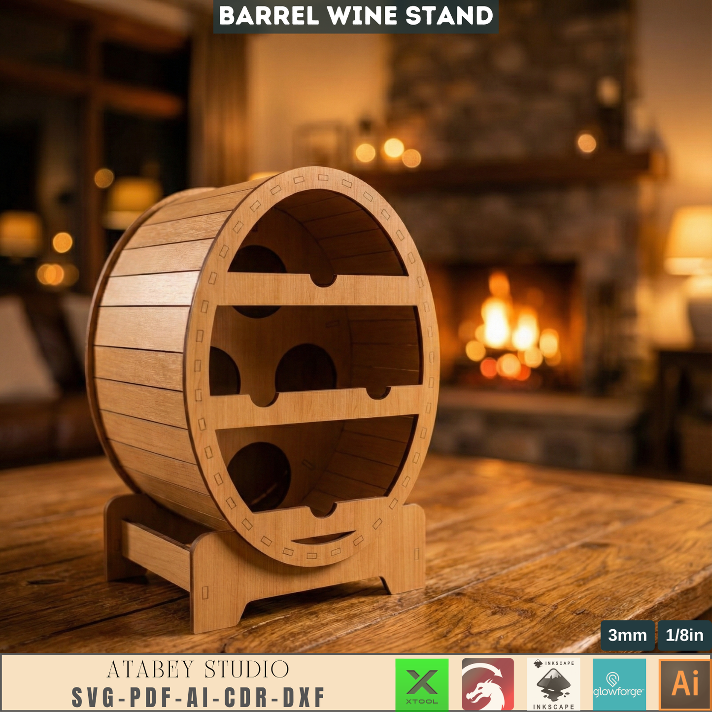 Barrel Wine Rack Laser Cut Plan, Wooden Bottle Holder Template, DIY Rustic Home Bar Decor, Tabletop Wine Stand Design 983